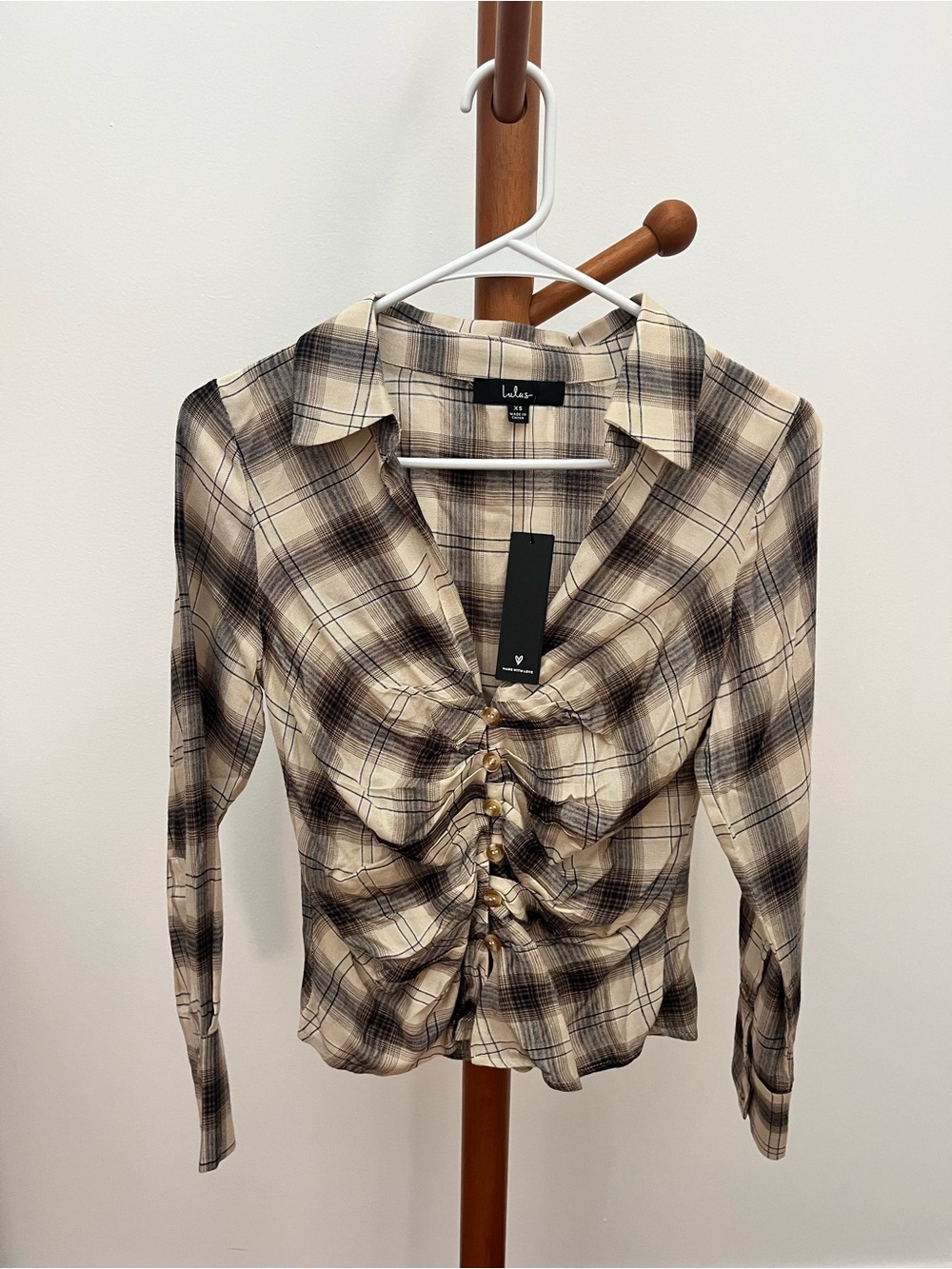 NWT Lulu's Beige and Brown Plaid Ruched Button-Front Blouse